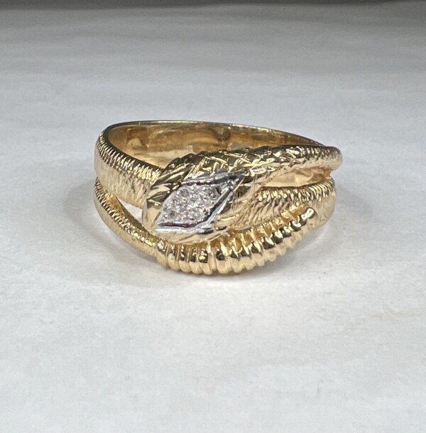 Second Hand 9ct Yellow Gold Diamond Set Textured Snake Ring