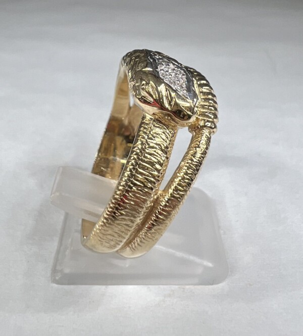 Second Hand 9ct Yellow Gold Diamond Set Textured Snake Ring - Image 8